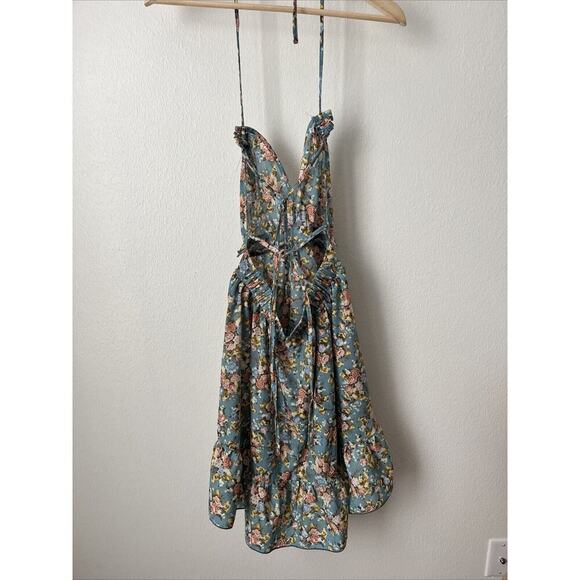Blue pink floral strappy ruffle hem summer dress sexy open back party S - Picture 4 of 5